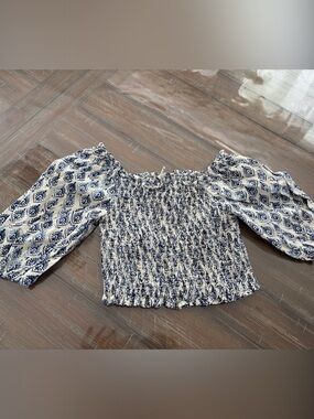 Zara White and Blue Smocked Off-Shoulder Puff Sleeve Top